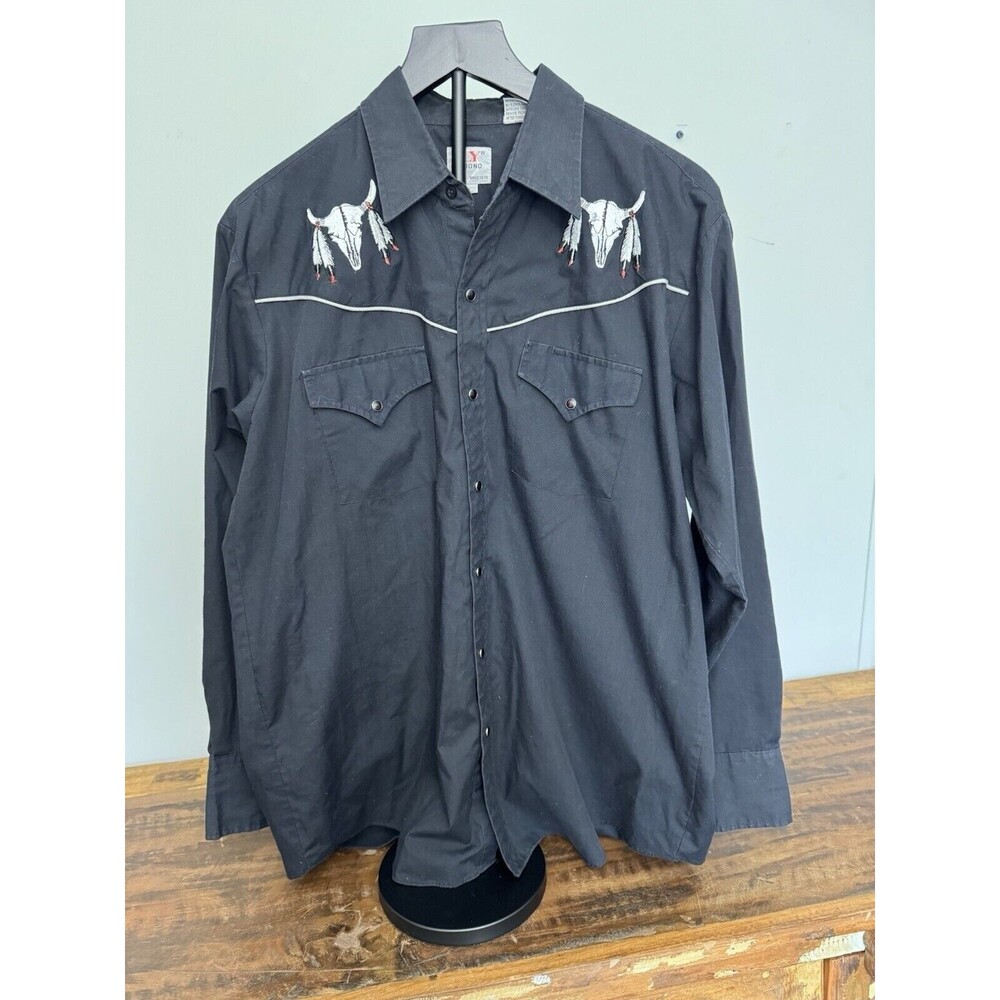 Ely Diamond Size L Mens Black Western Shirt Skull Embroidery Pearl Snaps